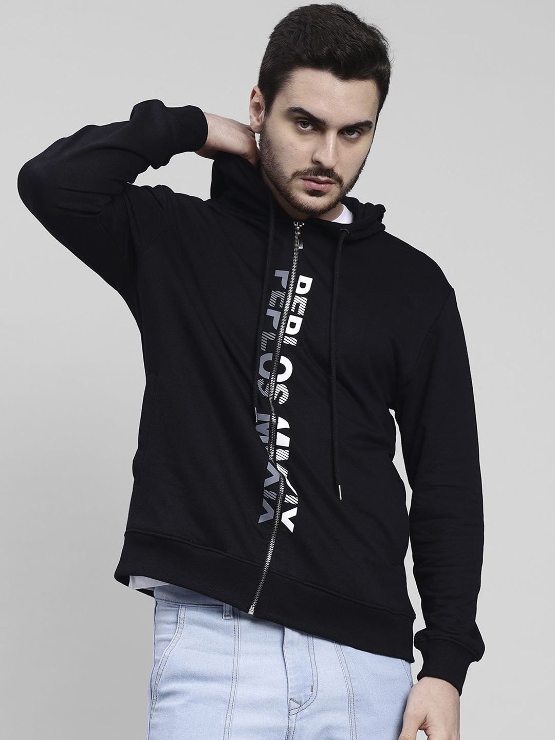 

PEPLOS Men Cotton Typography Printed Front-Open Hooded Sweatshirt, Black