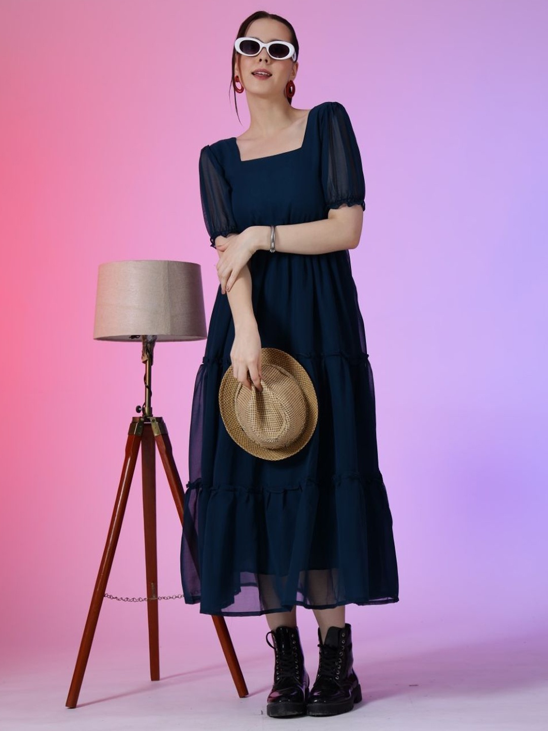 

Raiyani Enterprise Women Square Neck Tiered Puff Sleeve Fit & Flare Maxi Dress, Blue