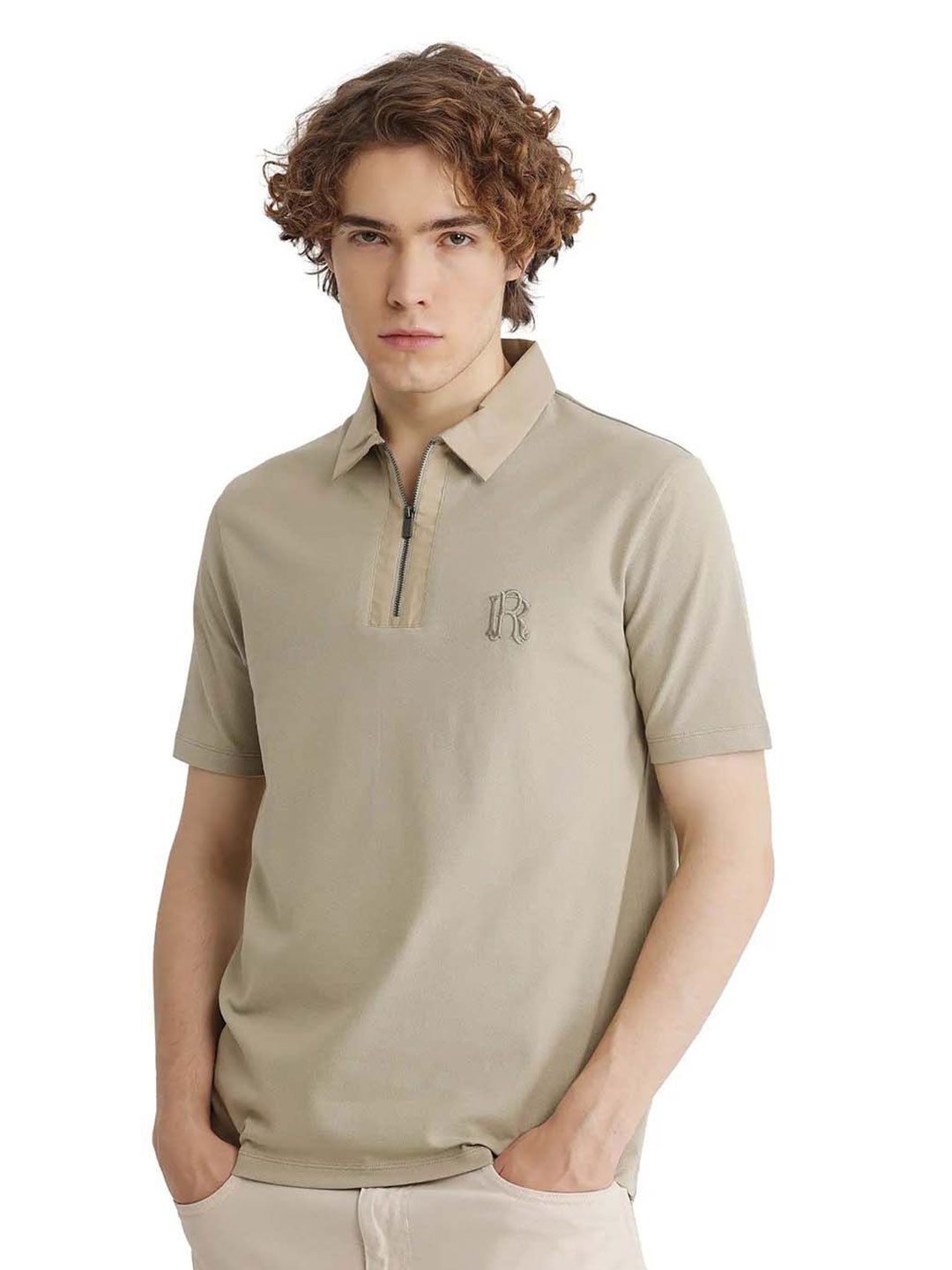 

RARE RABBIT Men Solid Polo Collar Cotton T-shirt, Beige