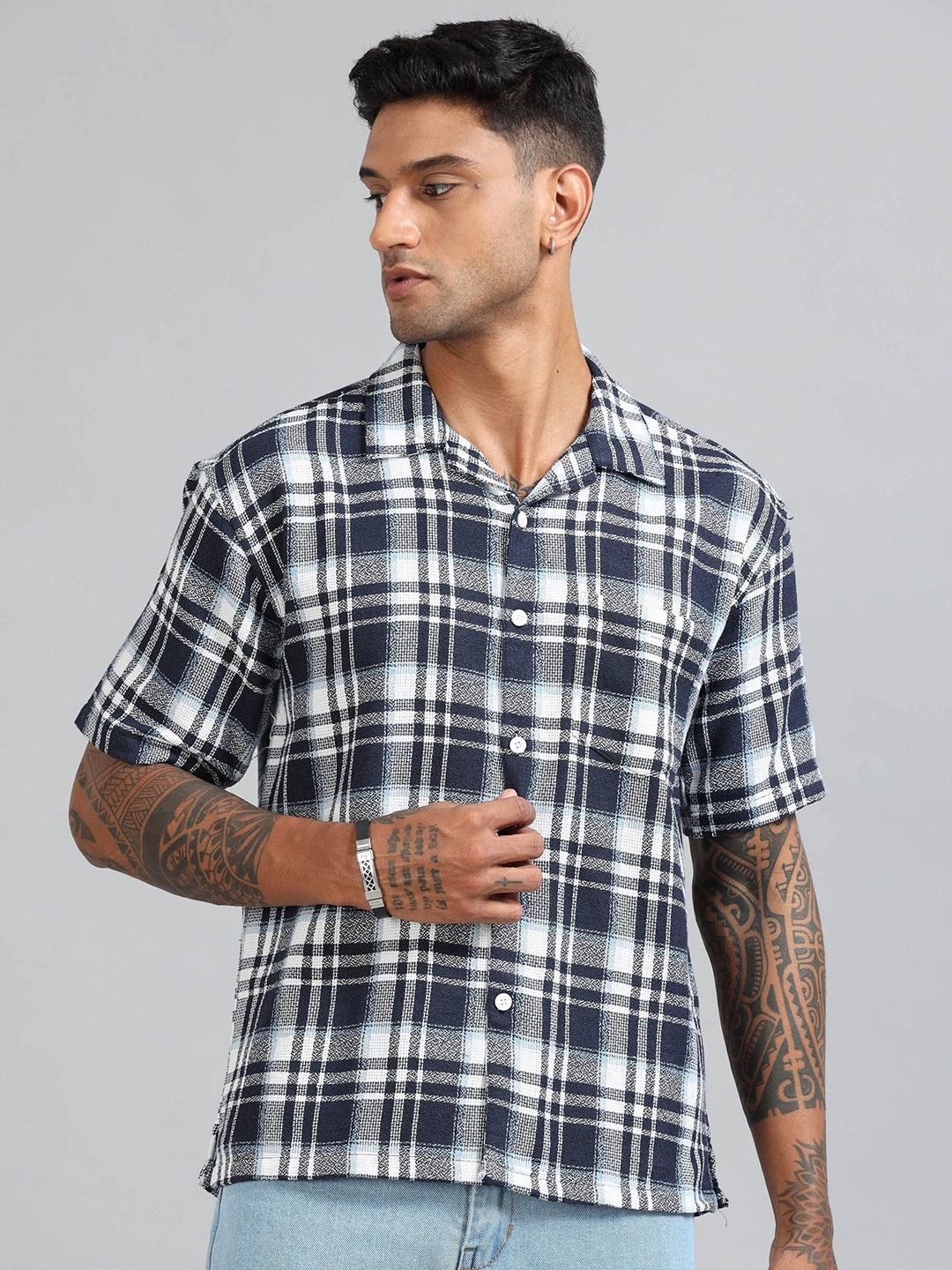 

HOUSE OF MAHNOTS Men Classic Opaque Checked Casual Shirt, Blue