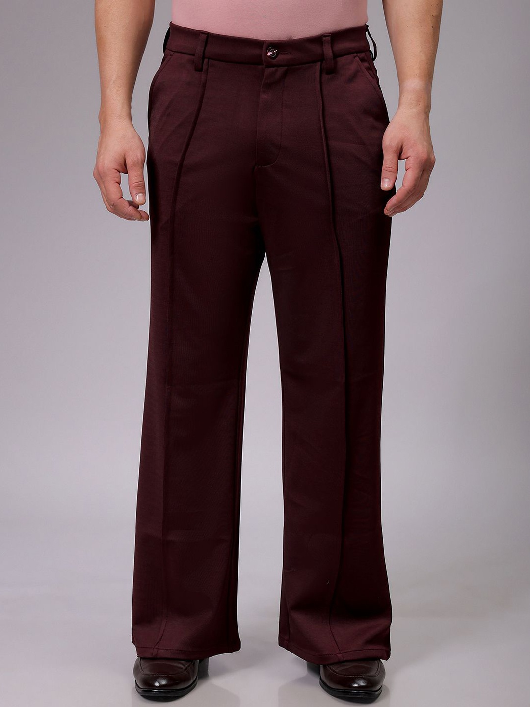 

The Indian Garage Co Men Flared Mid-Rise Pleated Wide Leg Trousers, Burgundy