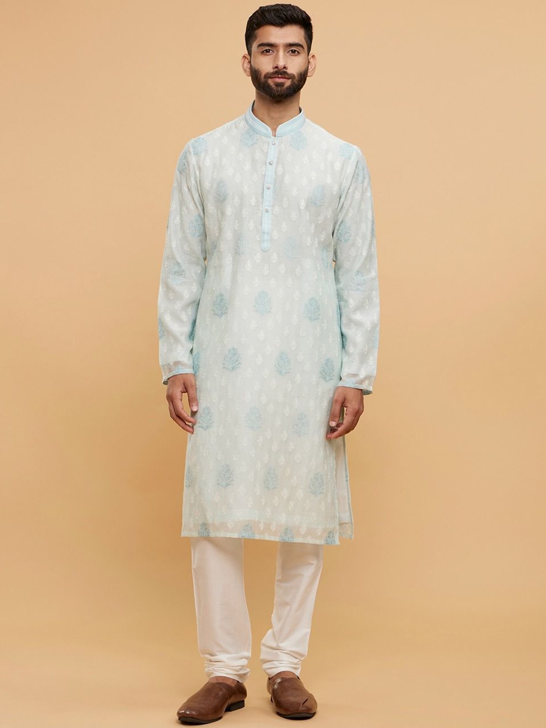 

Twamev Men Embroidered Regular Thread Work Chanderi Cotton Kurta with Churidar, Blue