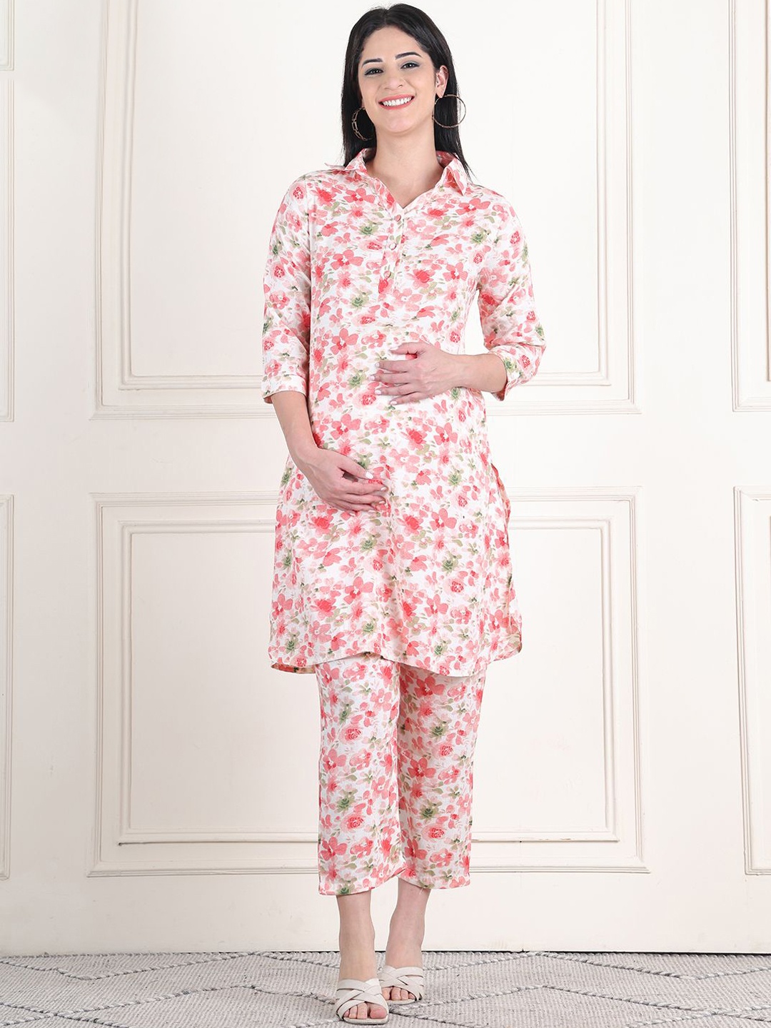 

Moms Maternity Women Floral Printed Regular Kurti with Trousers, Pink
