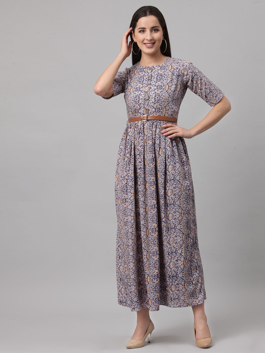 

BAESD Women Floral Print Crepe Fit & Flare Maxi Dress, Blue