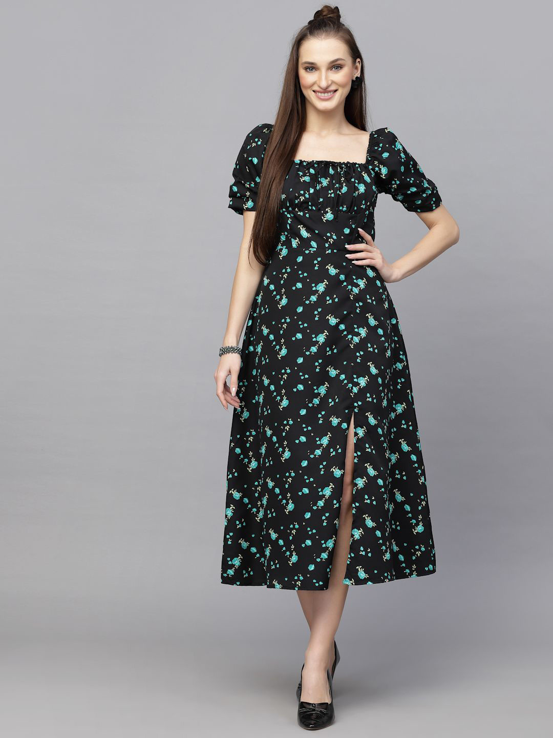 

BAESD Floral Printed Puff Sleeve A-Line Midi Dress, Green