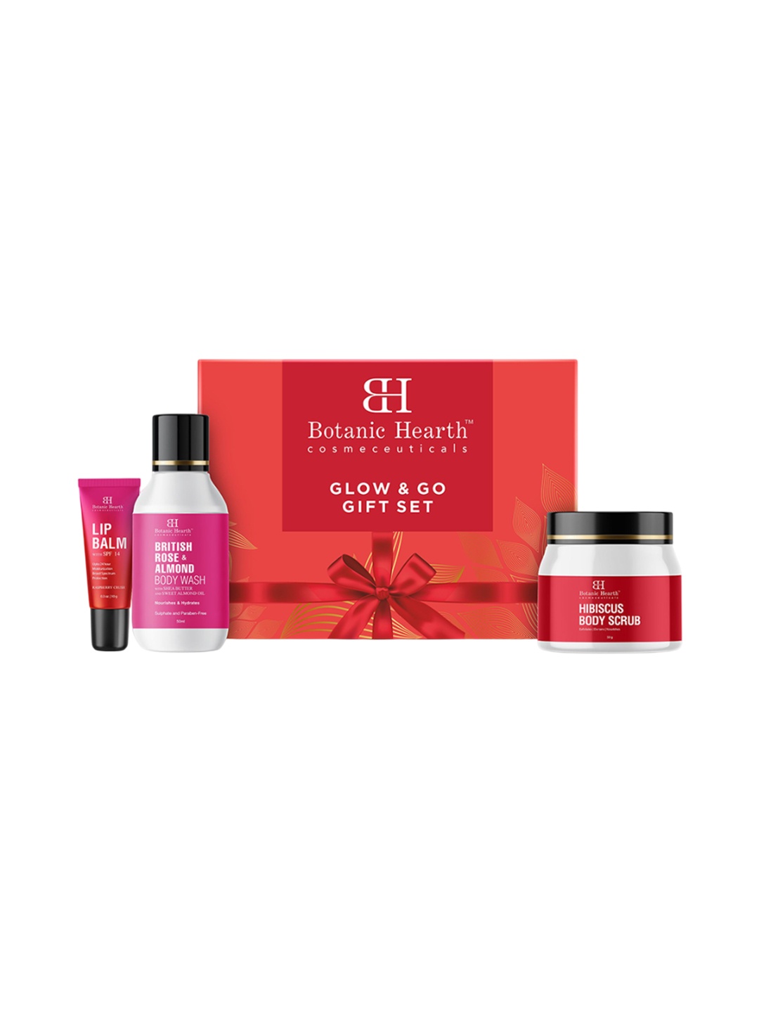 

Botanic Hearth Glow Hibiscus Body Scrub With Raspberry Lip Balm & Rose Body Wash, Pink