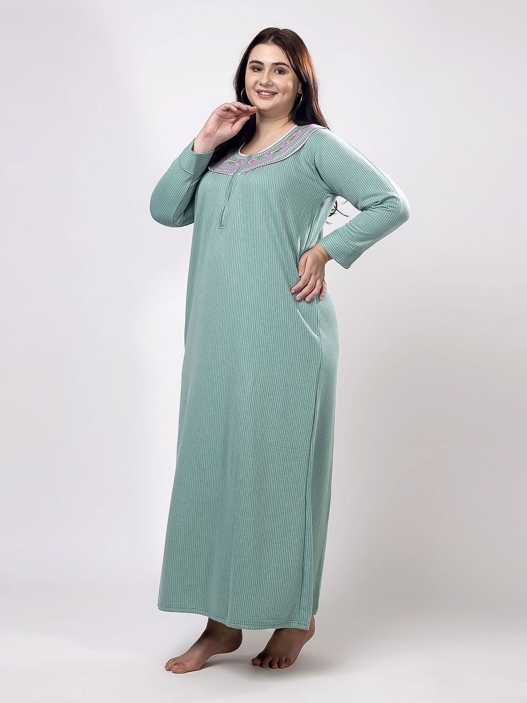 

CHUI MUI Women Round Neck Embroidered Maxi Sweat Nightdress, Teal