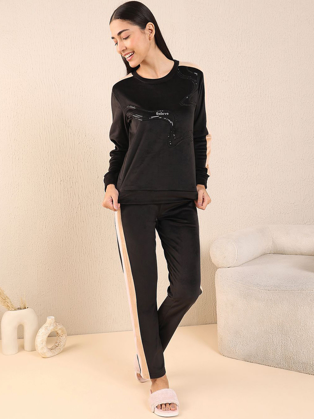 

Sweet Dreams Women Colorblocked Round Neck Track Suit, Black