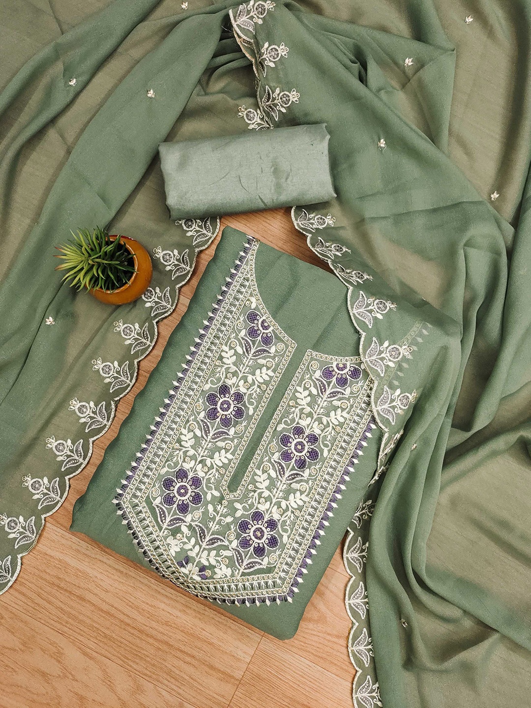 

KALINI Embroidered Unstitched Dress Material, Green