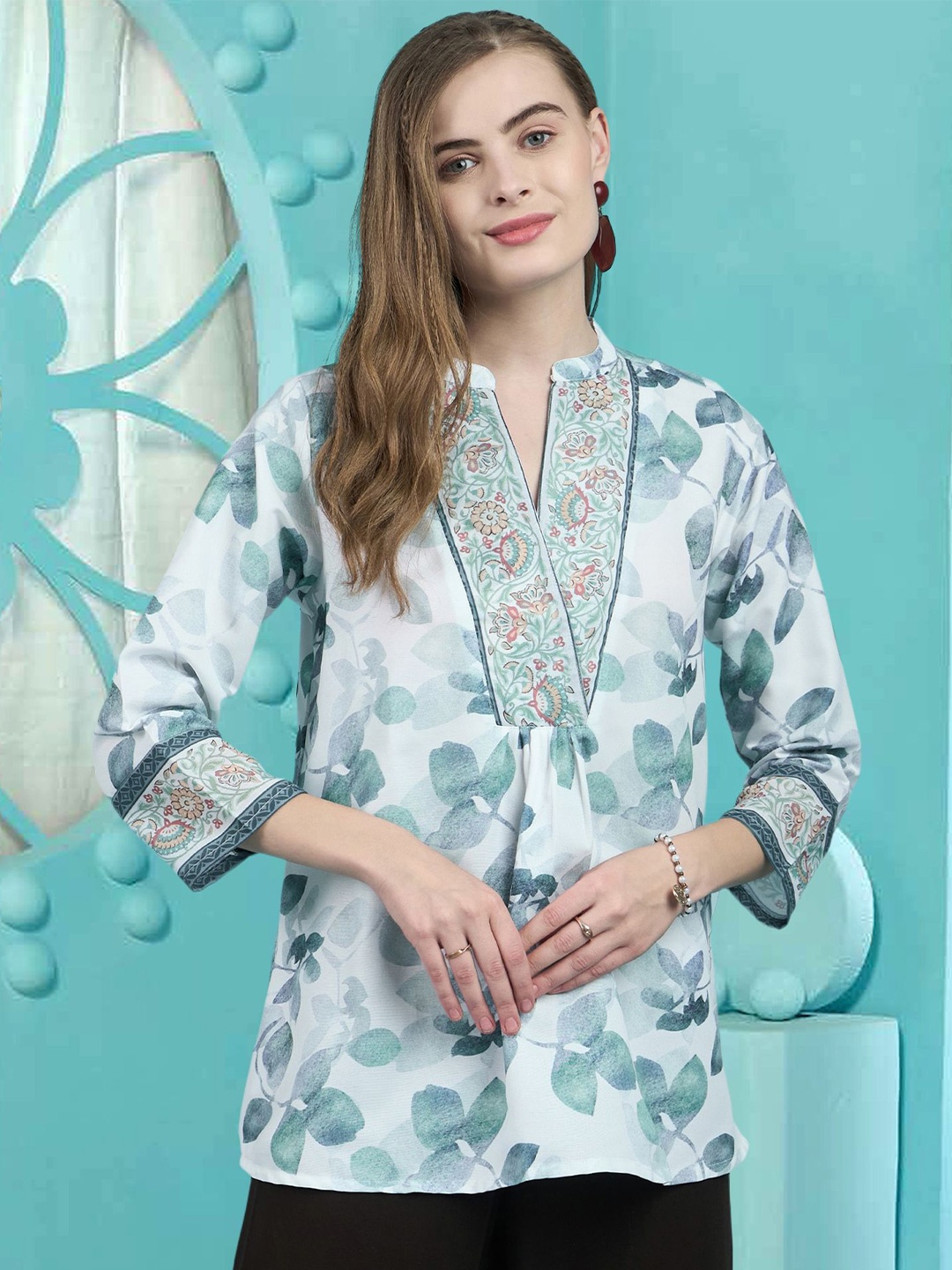 

Winza Designer Women Floral Printed Mandarin Collar Cotton Top, White