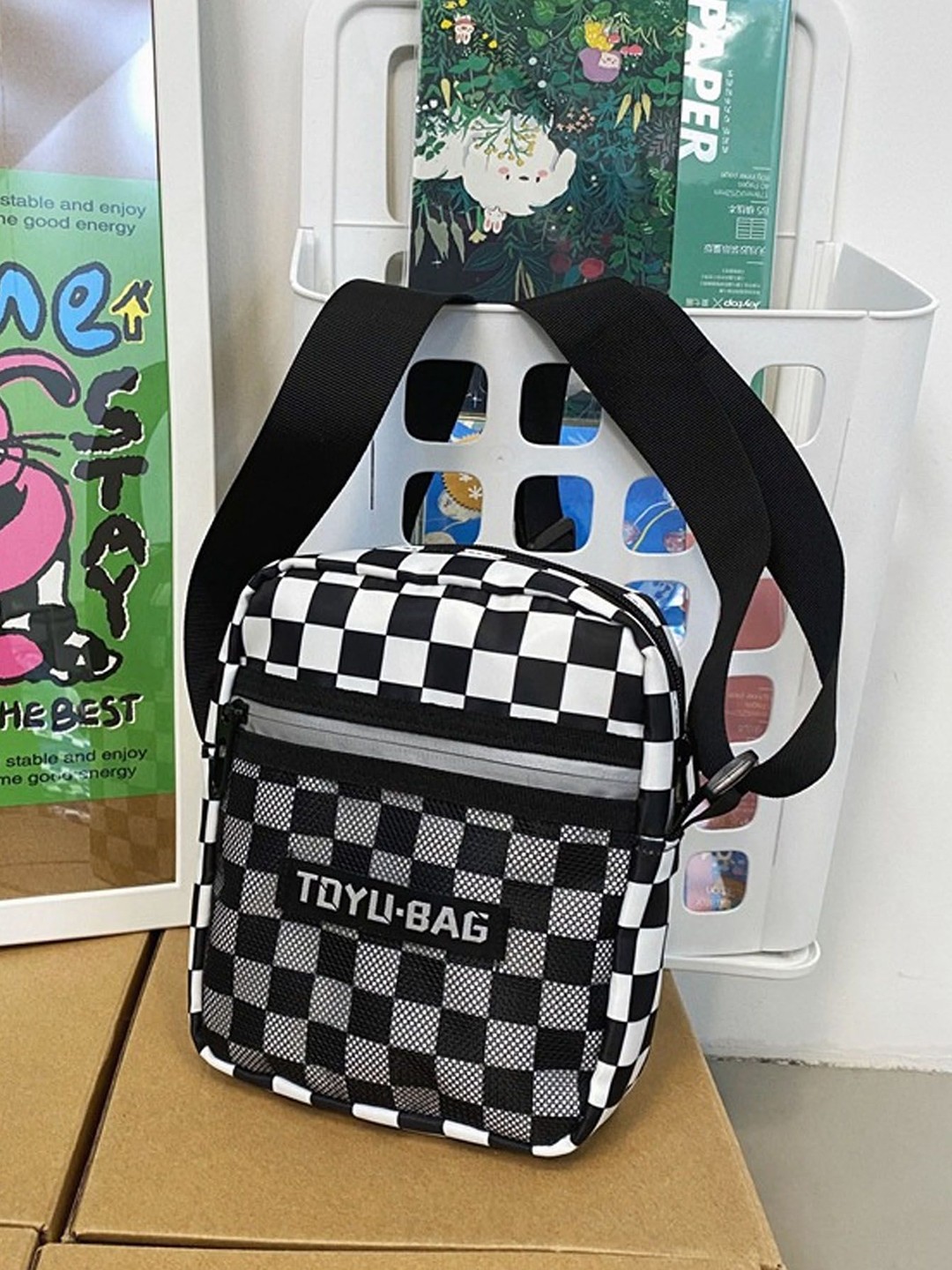 

StyleCast White & Black Checked Crossbody Sling Bag
