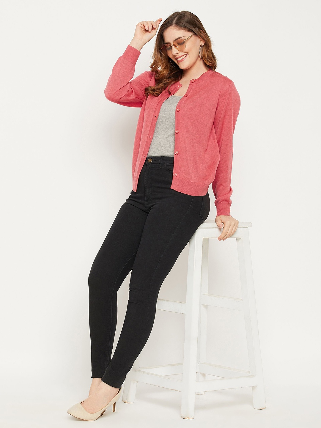 

Zigo Women Woollen Long Sleeves Crop Cardigan, Pink