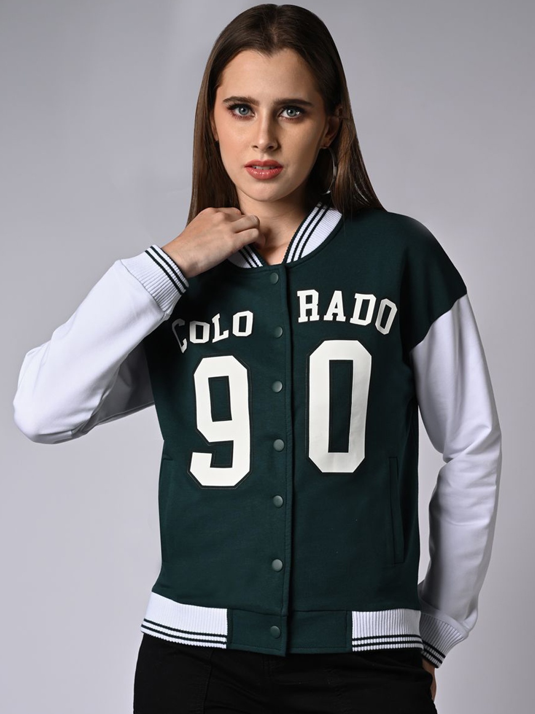 

Kraus Jeans Women Polycotton Varsity Jacket with Patchwork, Green