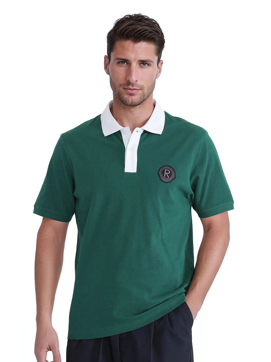 

RARE RABBIT Men Solid Polo Collar Cotton T-shirt, Green