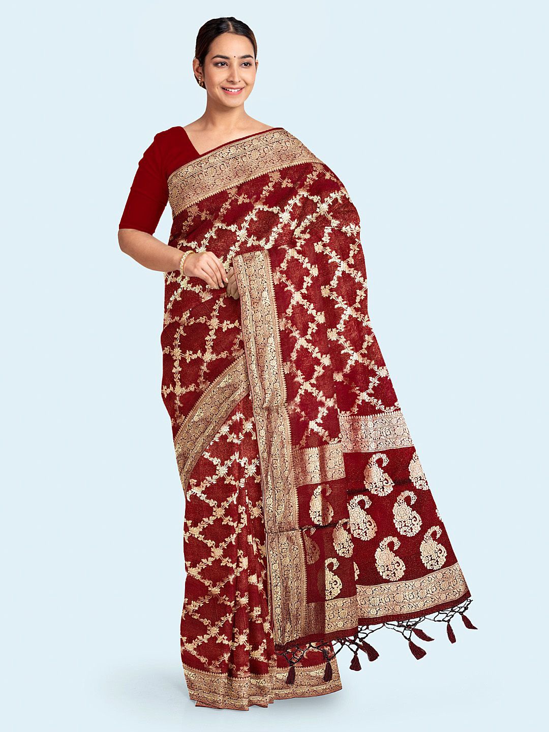 

Meena Bazaar Floral Woven Jaal Art Silk Saree, Red