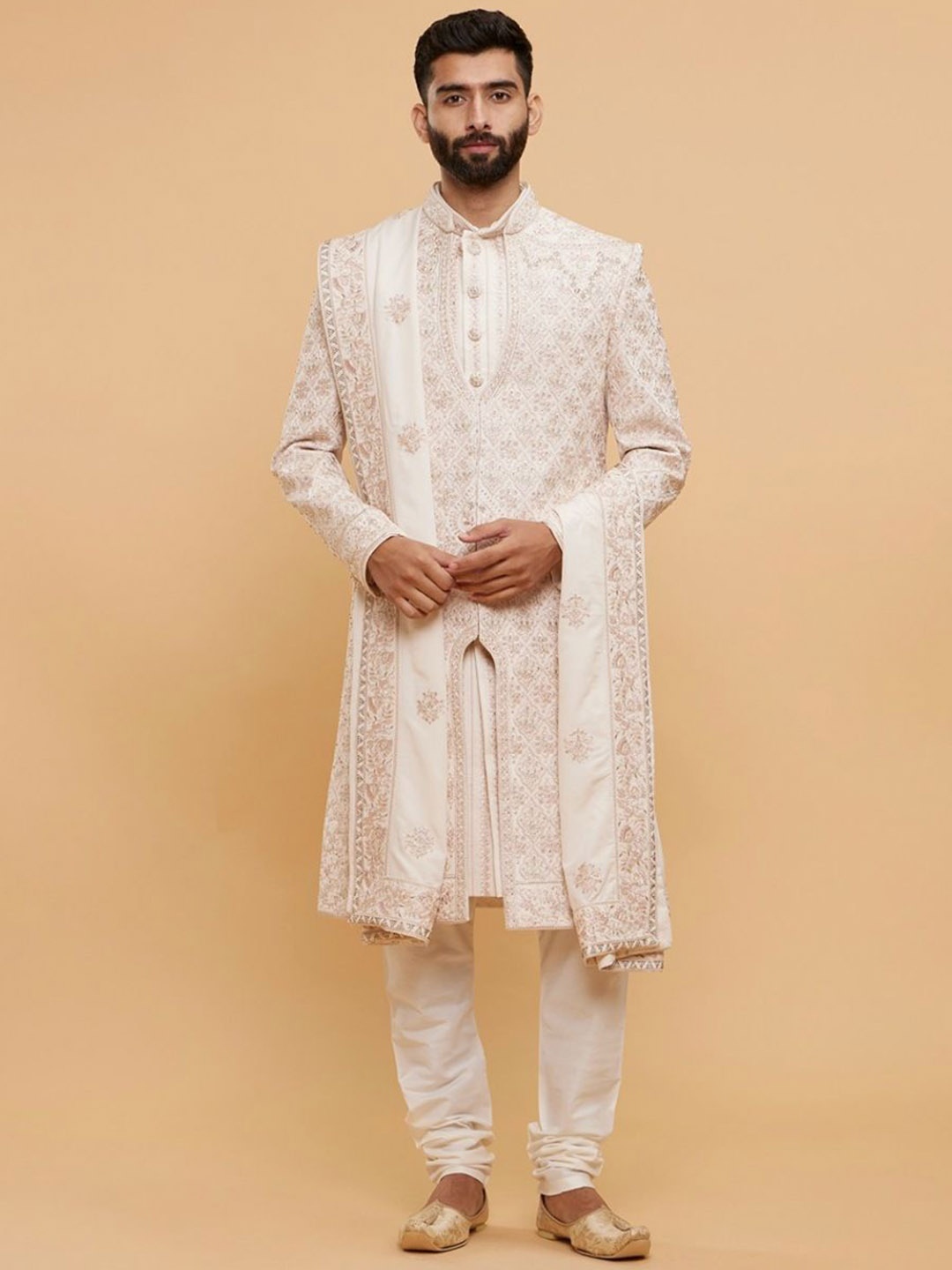 

Twamev Embroidered Sequinned & Thread Work Mandarin Collar Sherwani Set, Pink