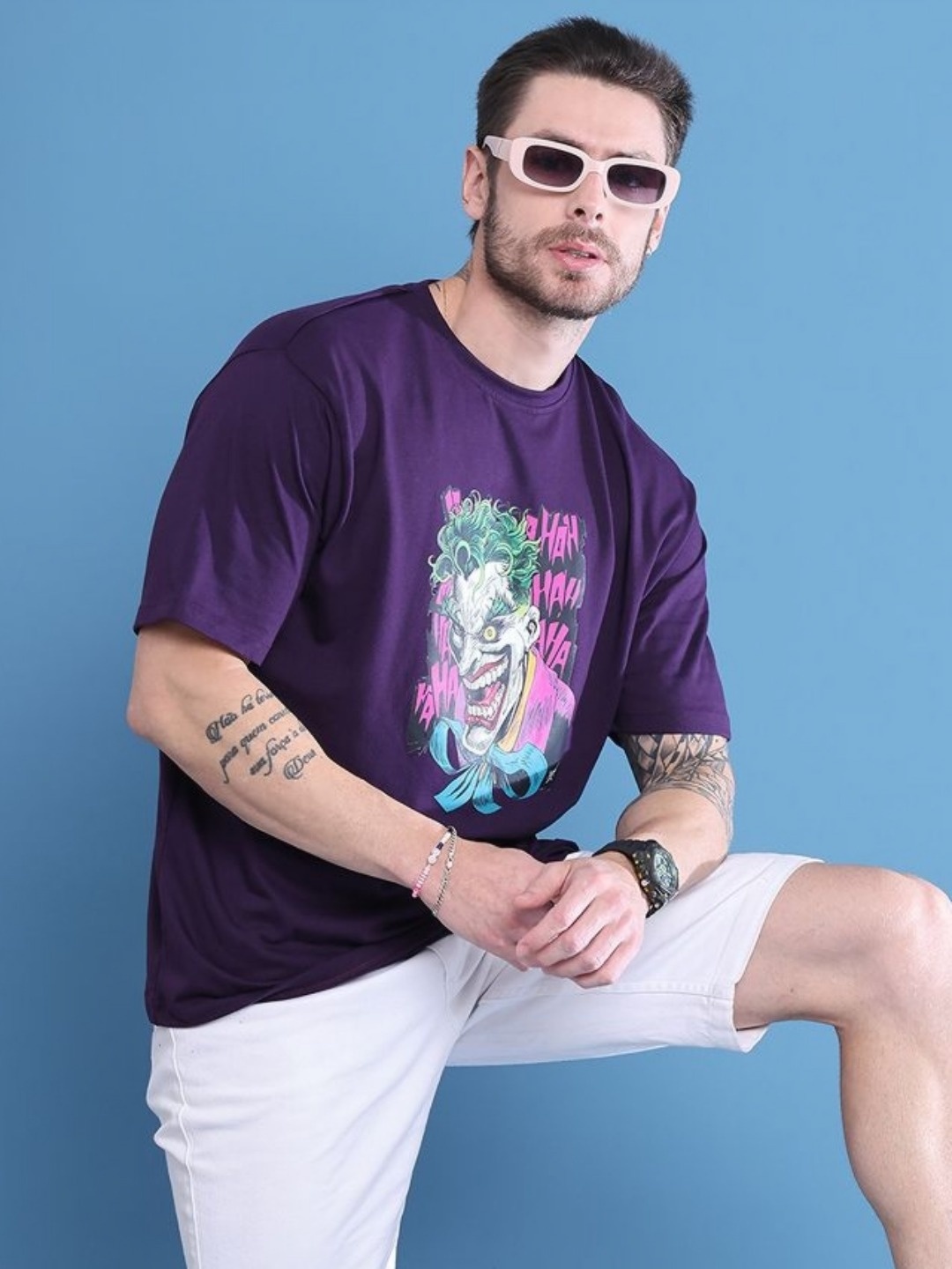 

DOOR74 Men Printed Drop-Shoulder Sleeves T-shirt, Purple