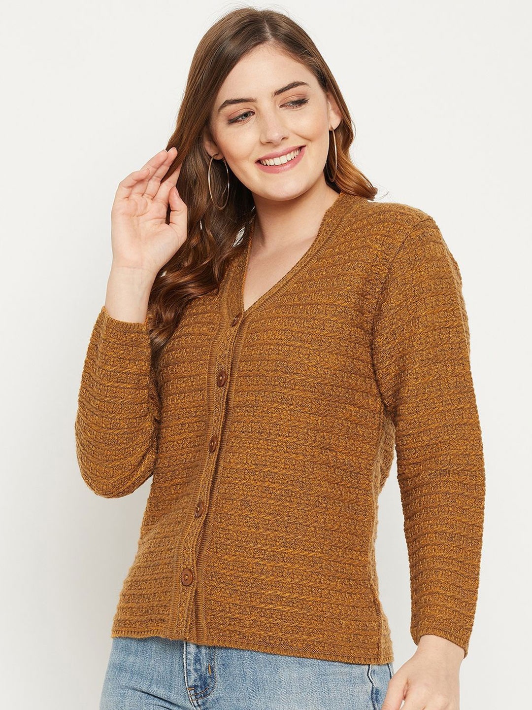 

Zigo Women Self Design Cable Knit Woollen Cardigan, Mustard