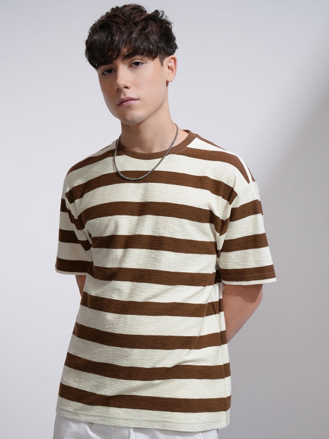 

HIGHLANDER Men Striped Round Neck Cotton Relaxed Fit T-shirt, Cream