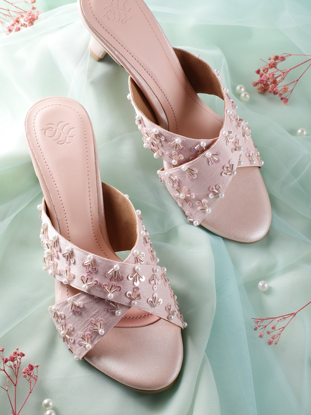 

House of Pataudi Embellished Kitten Heels, Pink