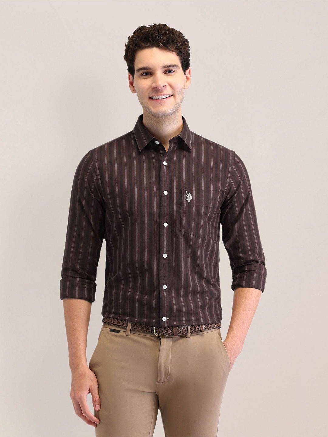 

U.S. Polo Assn. Men Tailored Fit Opaque Striped Casual Shirt, Brown