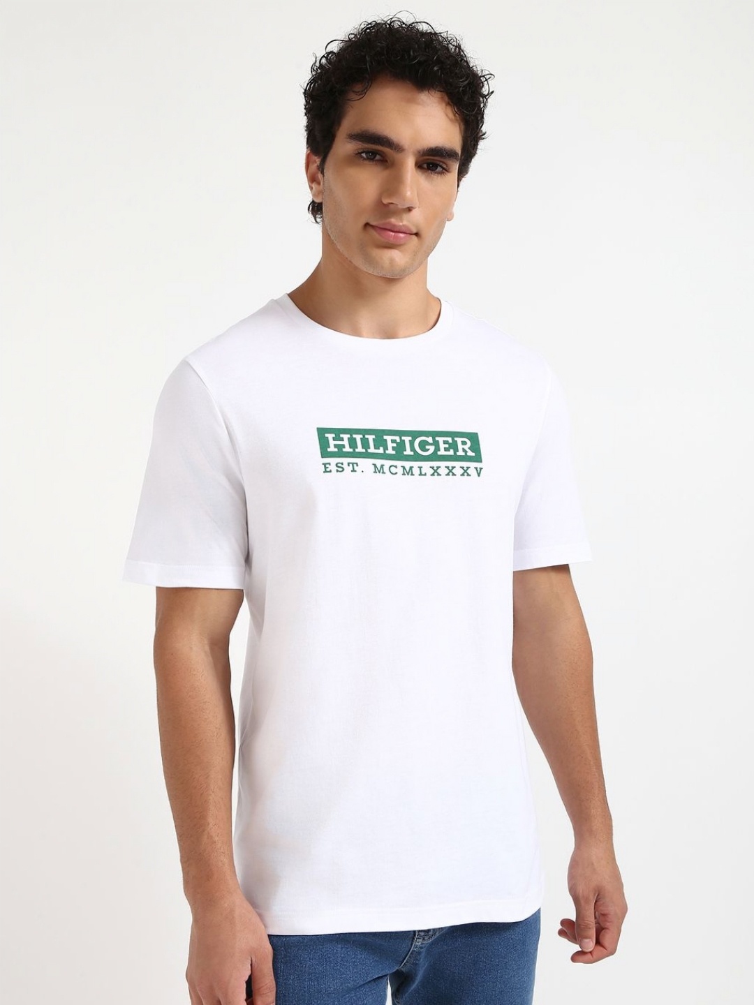 

Tommy Hilfiger Men Typography Printed Round Neck Cotton T-shirt, White