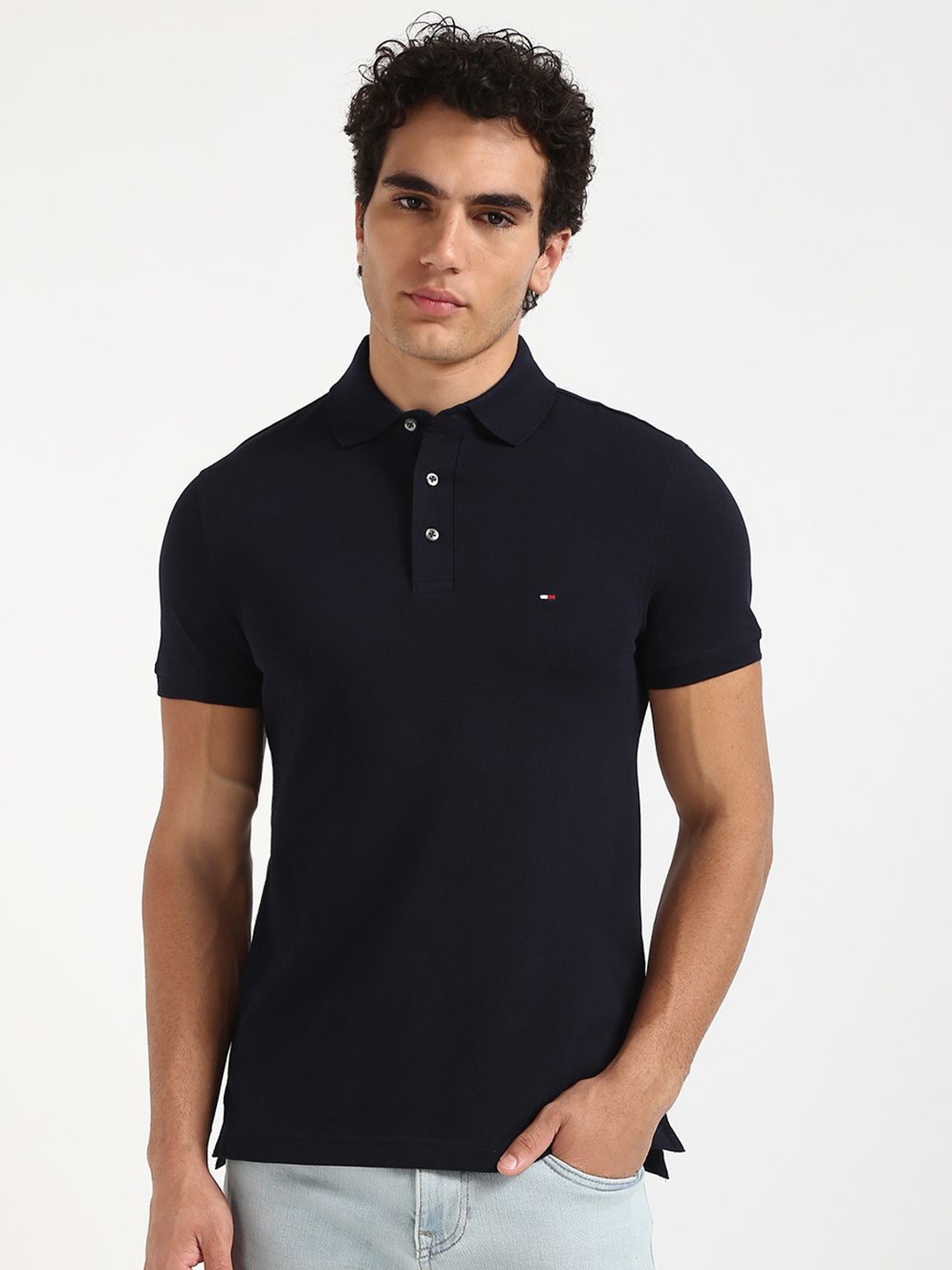 

Tommy Hilfiger Men Solid Polo Collar Cotton Slim Fit T-shirt, Navy blue