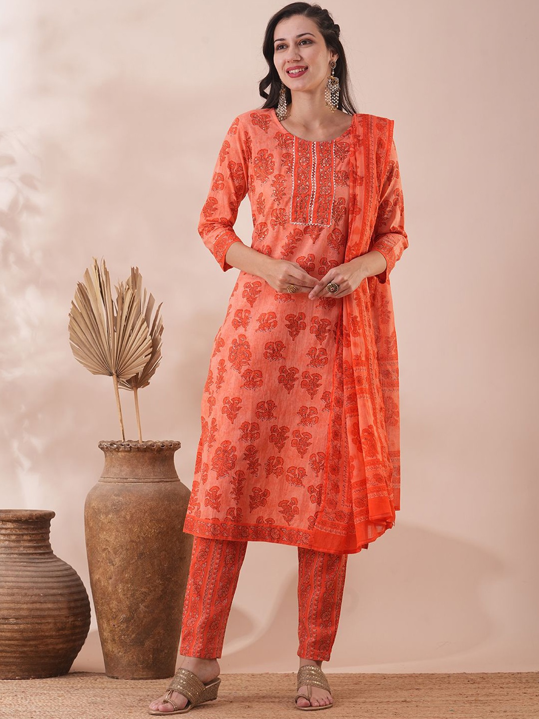 

FASHOR Women Ethnic Motifs Printed Regular Pure Cotton Kurta with Trousers & With Dupatta, Orange