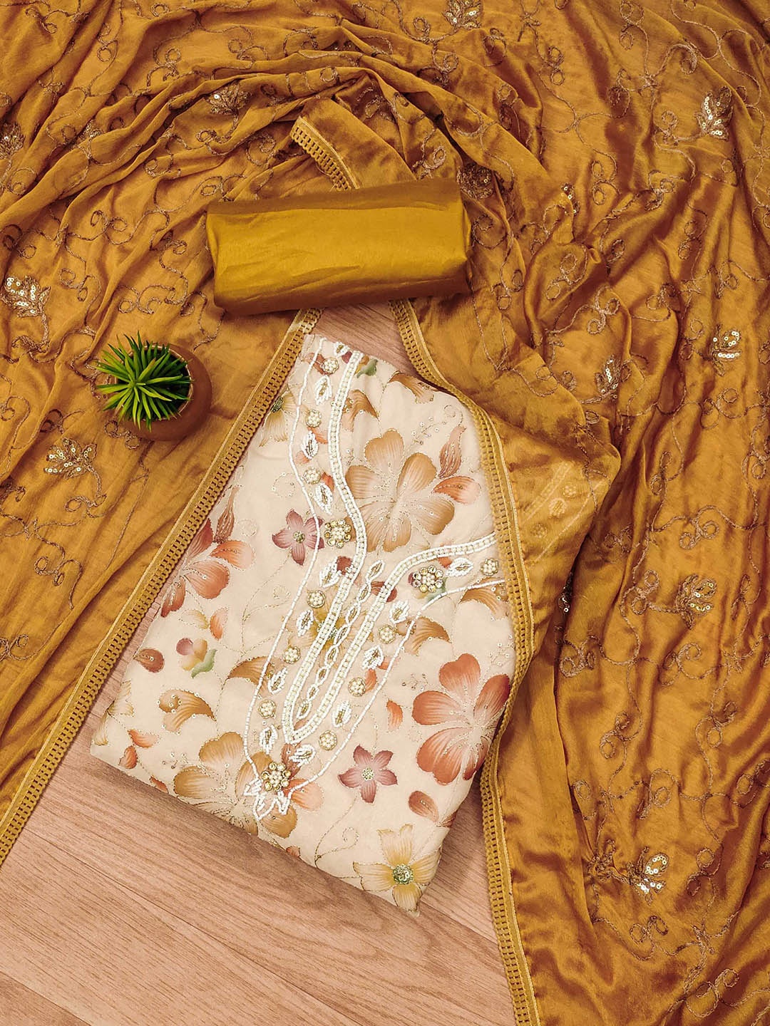 

KALINI Embellished Organza Unstitched Dress Material, Mustard