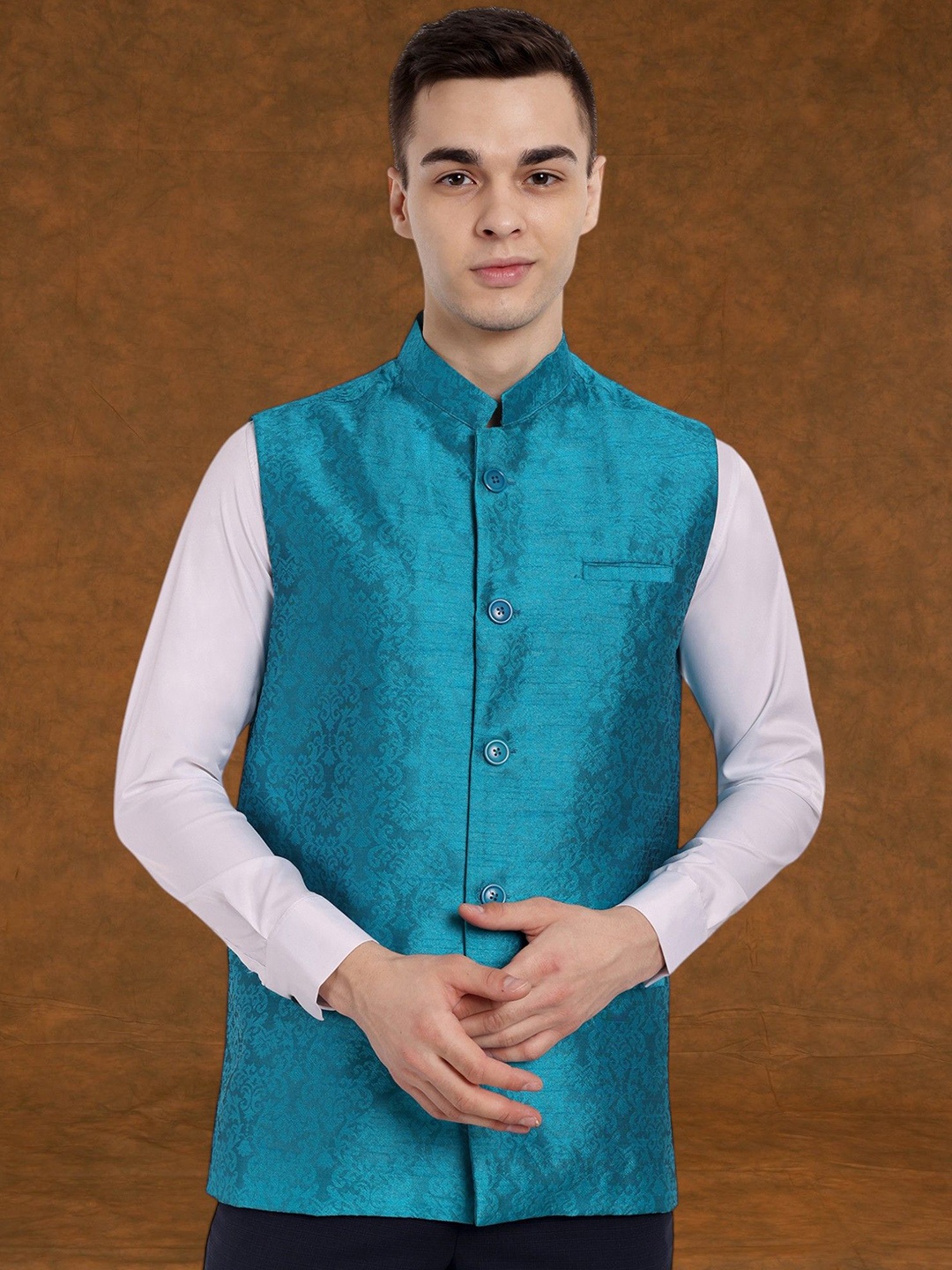 

SKAVIJ Men Woven Design Nehru Jackets, Turquoise blue