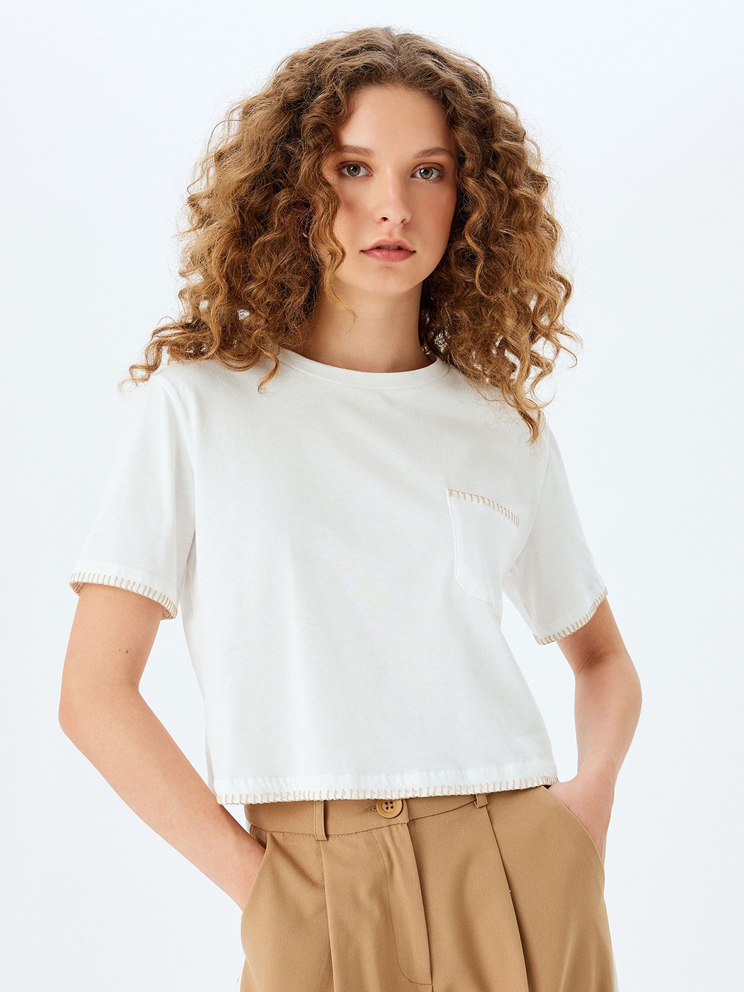 

Koton Women Solid Round Neck Cotton T-shirt, White