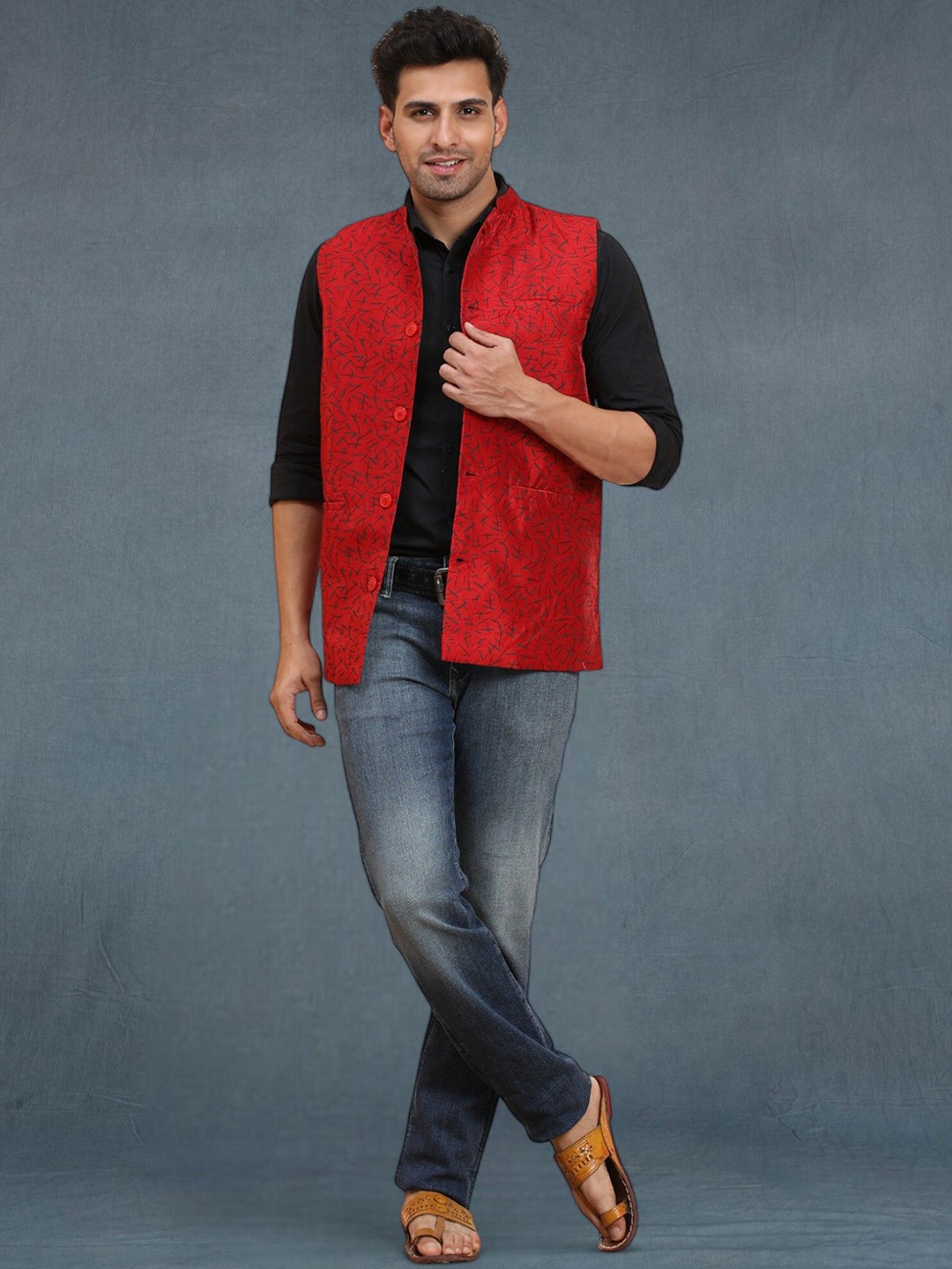 

SKAVIJ Men Printed Nehru Jacket, Red