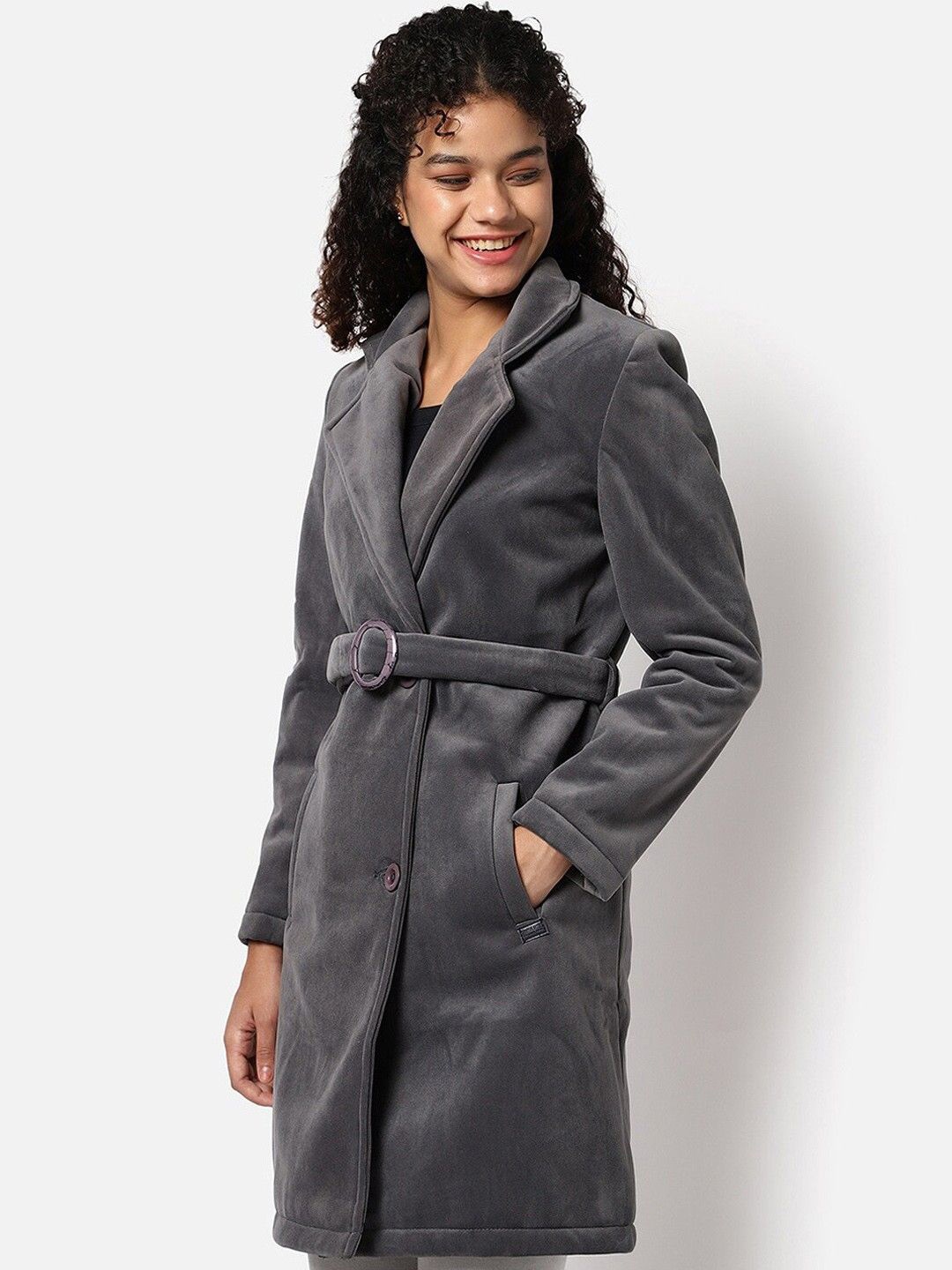 

Campus Sutra Women Single-Breasted Straight Longline Overcoat, Grey