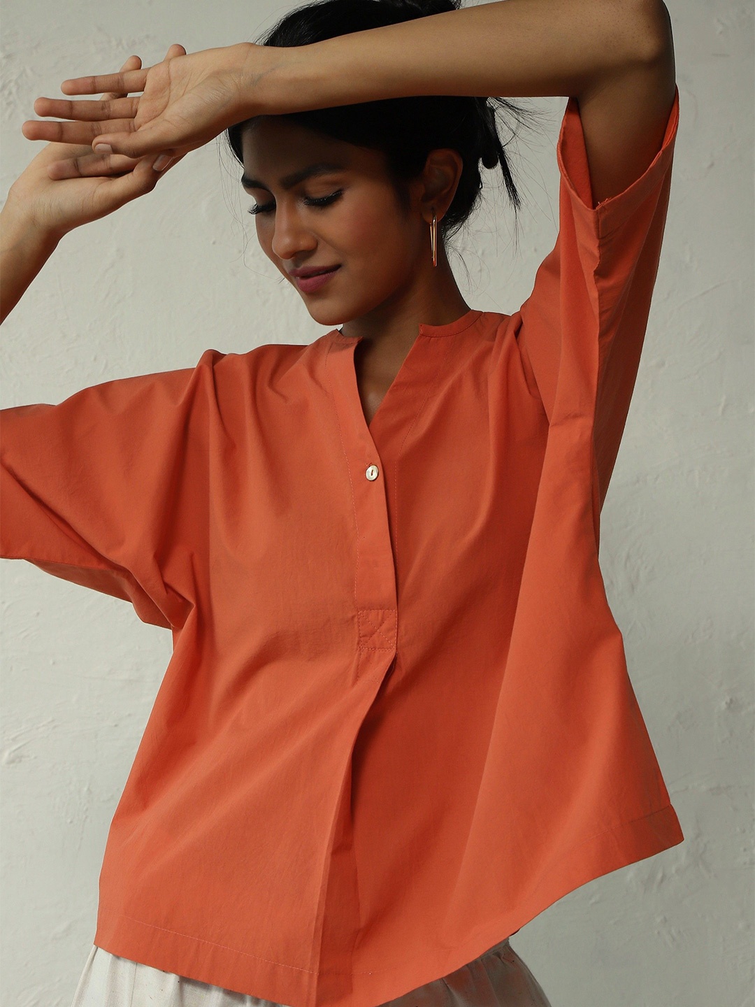 

Canoopi Women Mandarin Collar Cotton Top, Orange