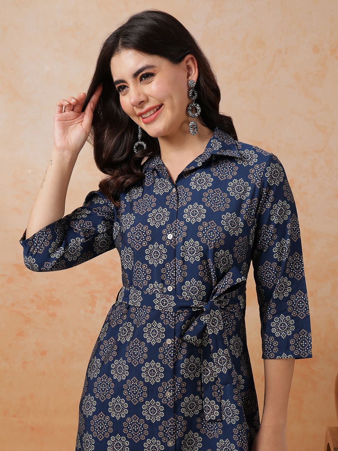 

Anouk Women Ethnic Printed Shirt Collar A-Line Dress, Navy blue