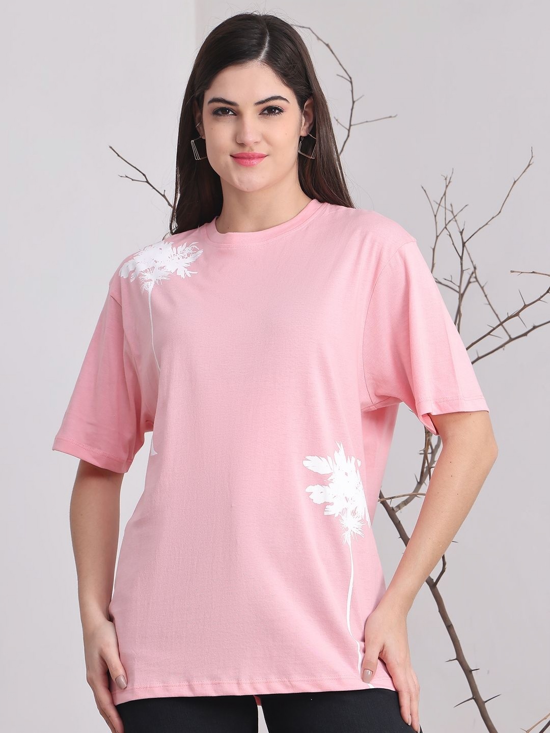 

DOOR74 Women Floral Printed Drop-Shoulder Sleeves T-shirt, Pink