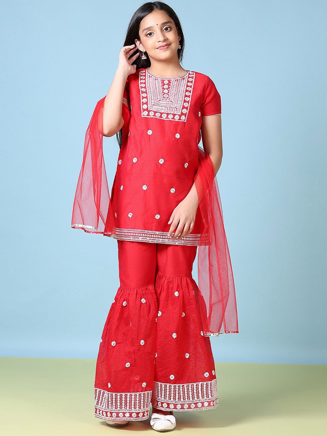 

V-Mart Girls Yoke Design Regular Kurti with Sharara & With Dupatta, Red