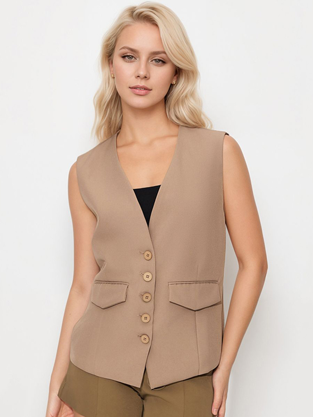 

StyleCast Woven Sleeveless Waistcoat, Beige