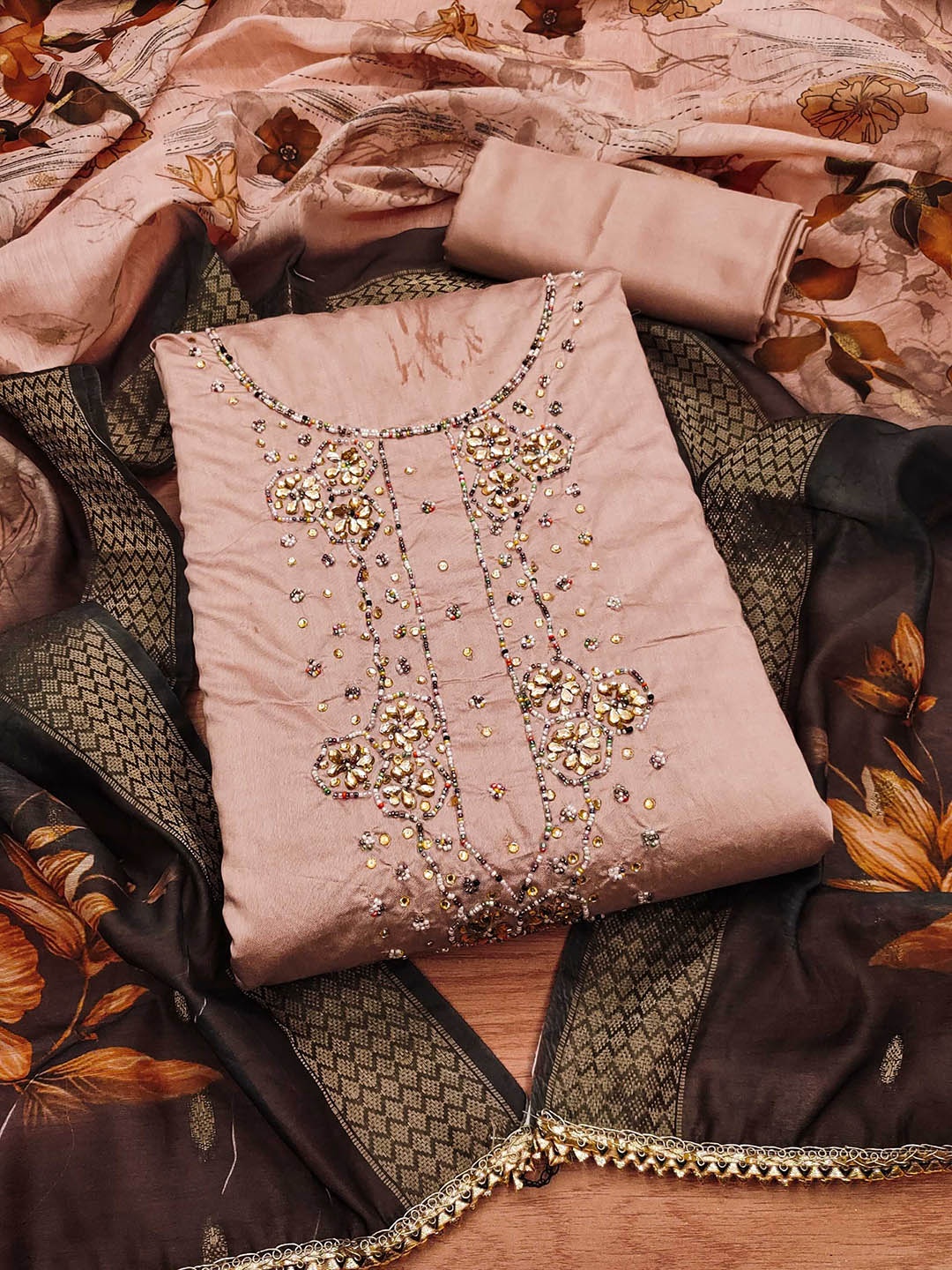 

Panzora Embellished Unstitched Dress Material, Peach
