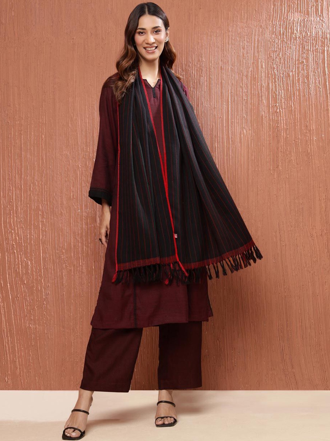 

Fabindia Women Striped Woven Design Stole, Black