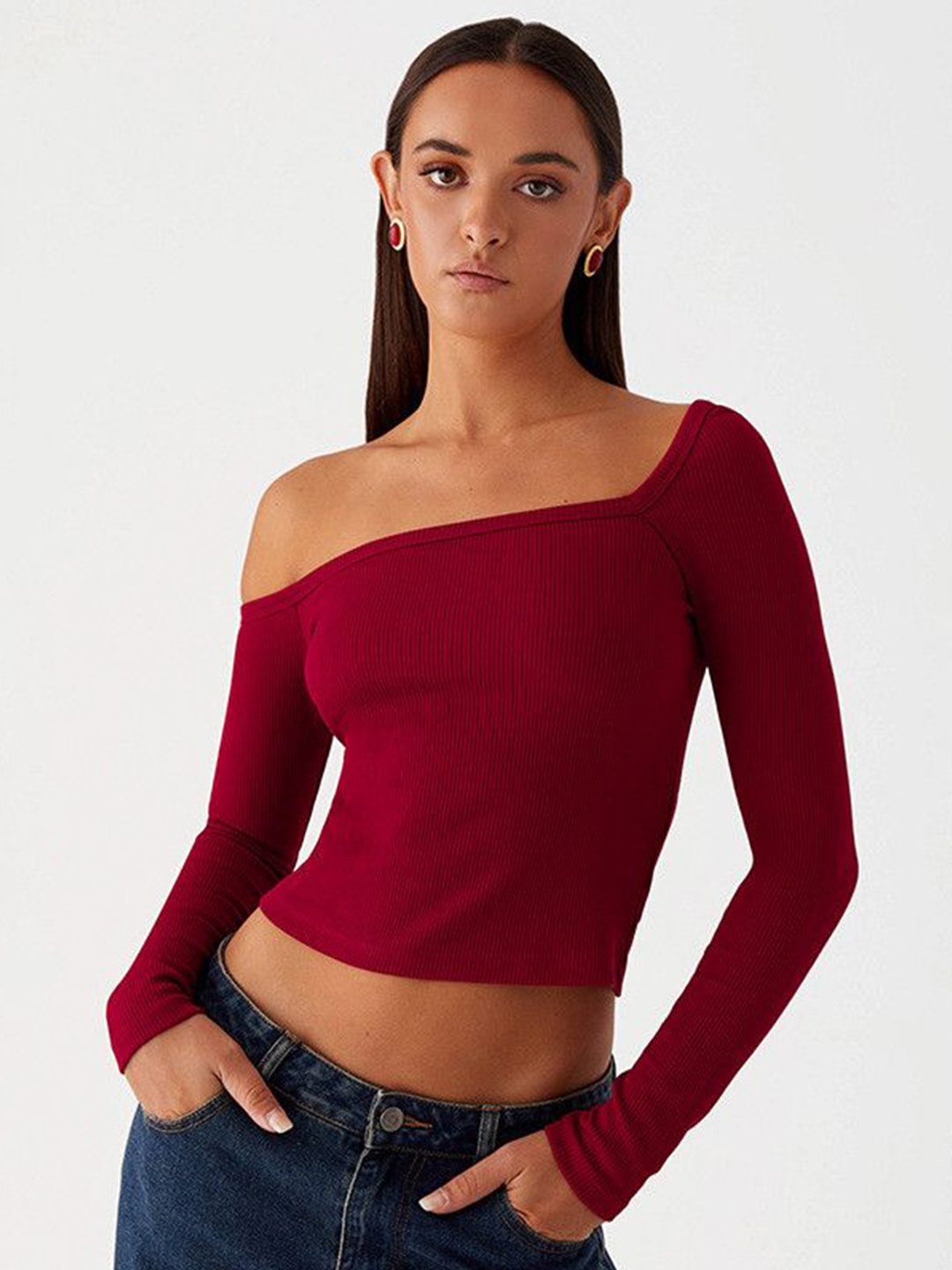 

DressBerry Women One Shoulder Fitted Crop Top, Burgundy