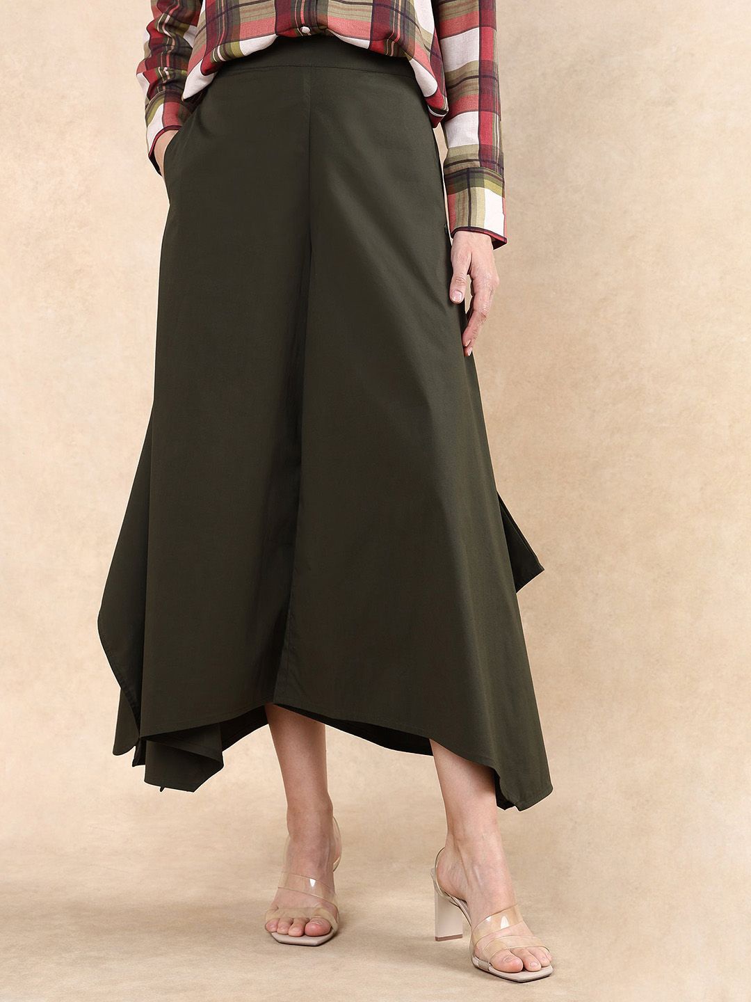 

RAREISM Women Comfort Flared High-Rise Pleated Wide Leg Trousers, Green