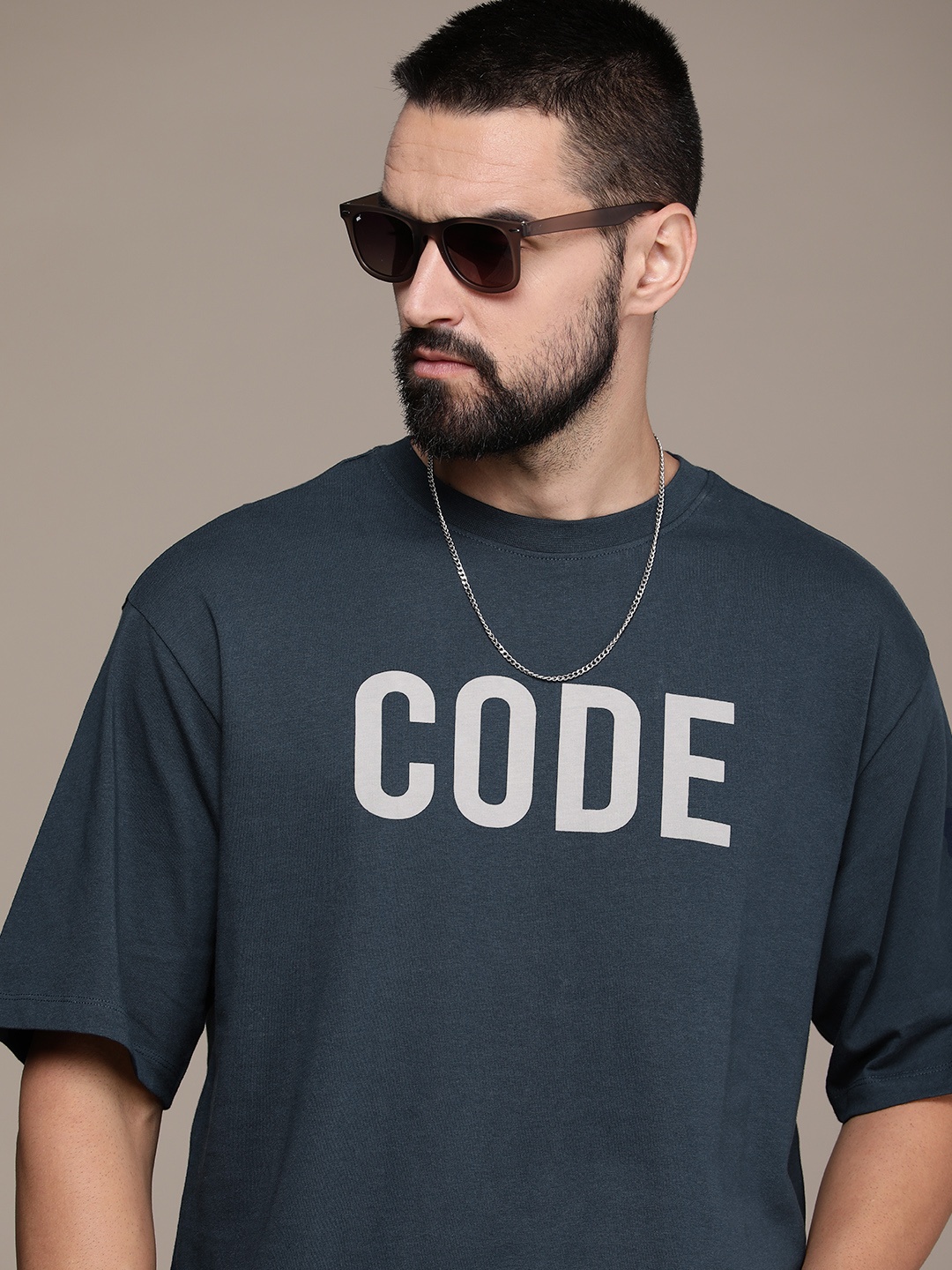 

The Roadster Life Co. Typography Printed Drop-Shoulder Pure Cotton T-shirt, Navy blue