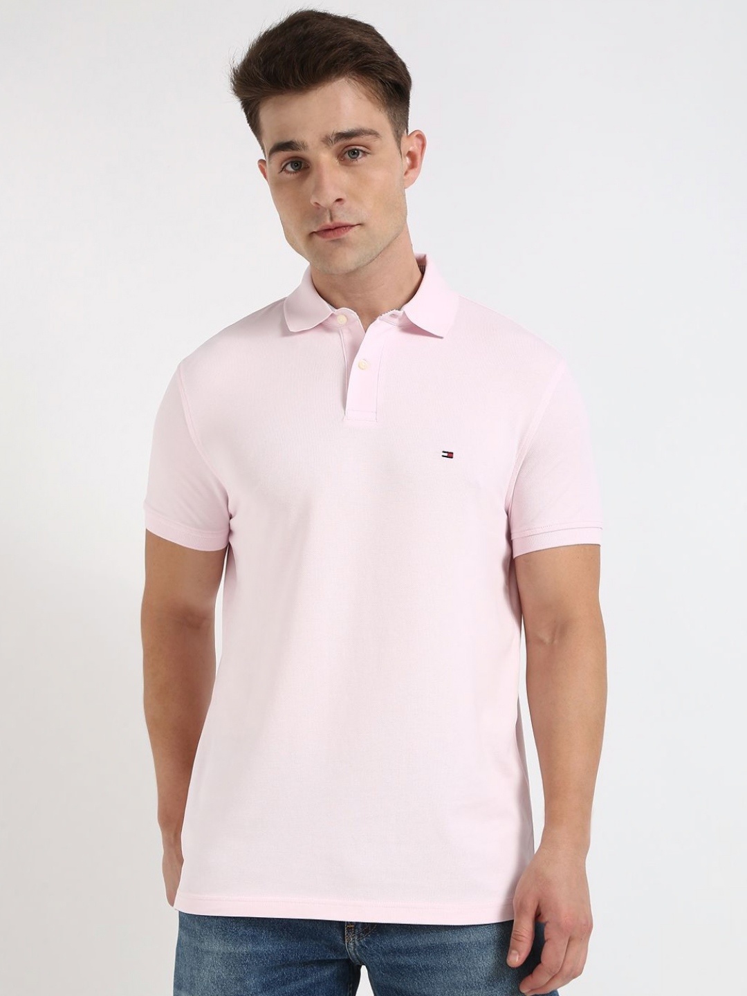 

Tommy Hilfiger Men Solid Polo Collar Cotton T-shirt, Pink