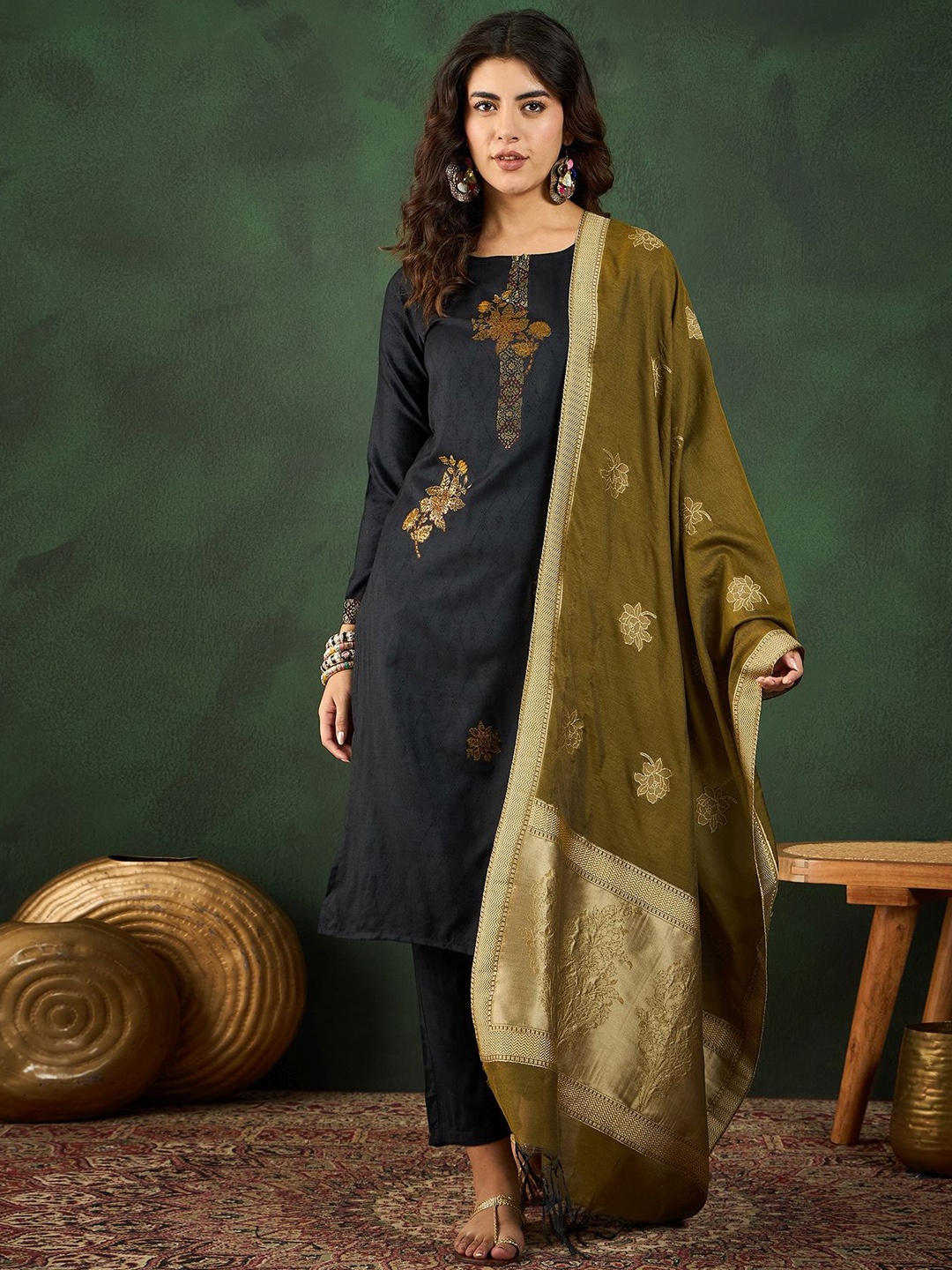 

Sangria Self Designed Straight Kurta & Trousers With Dupatta, Black