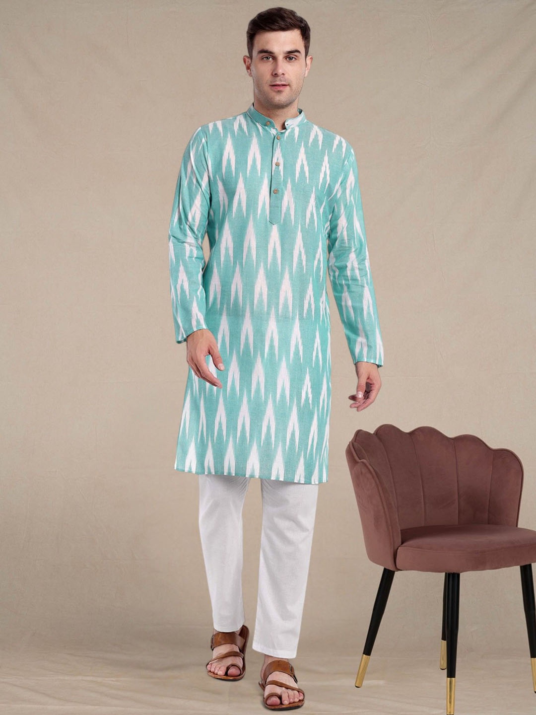 

SKAVIJ Men Printed Regular Pure Cotton Kurta with Pyjamas, Sea green