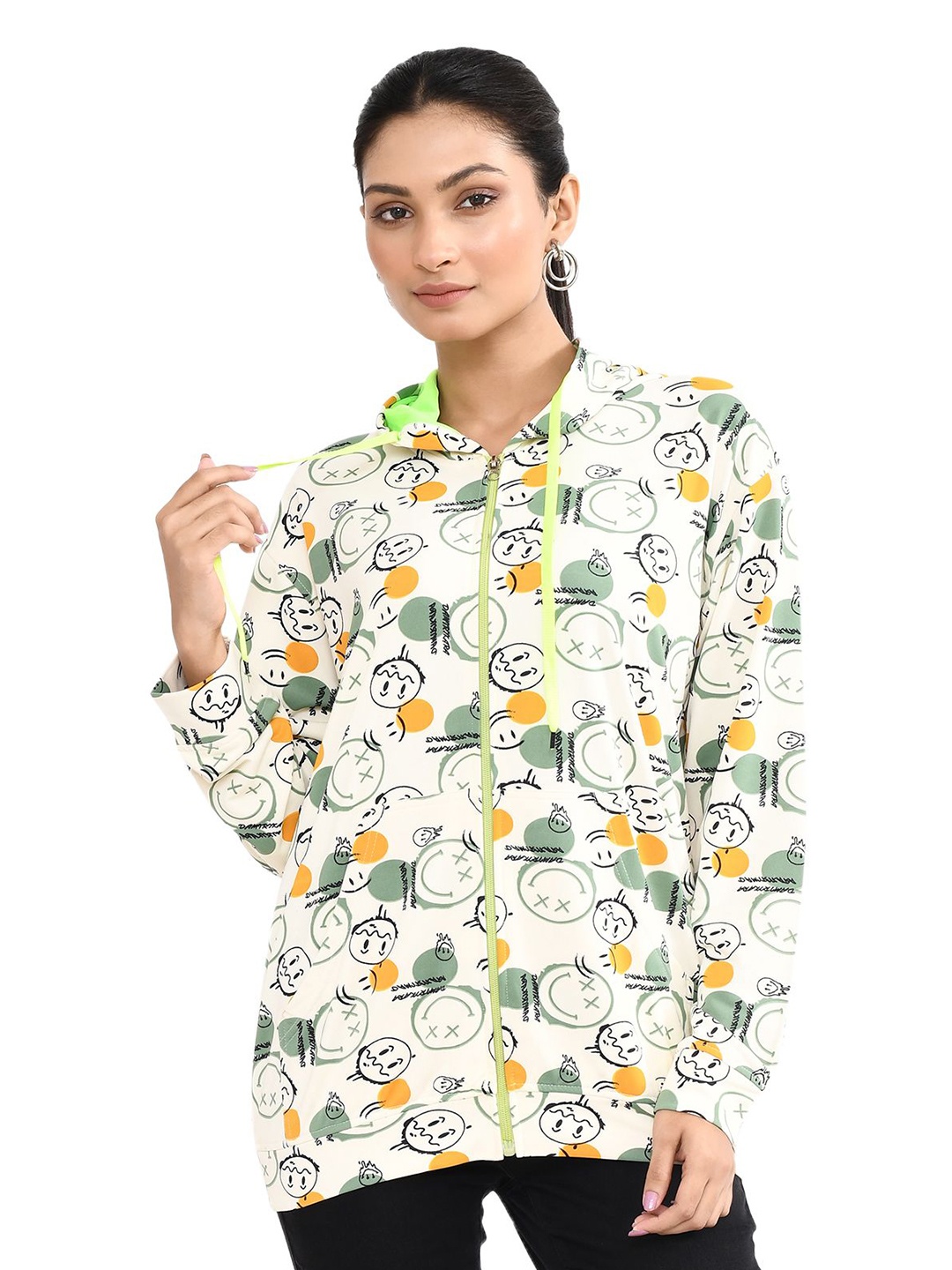 

RAPL Women Cotton Printed Hooded Front-Open Sweatshirt, White