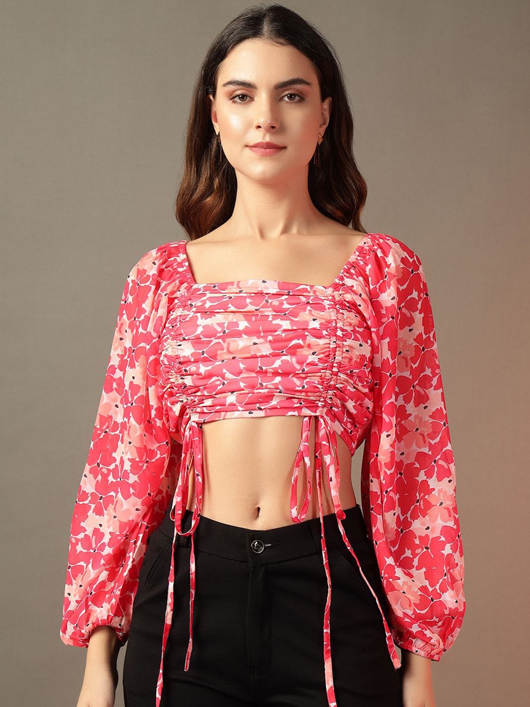 

BAESD Women Floral Print Puff Sleeve Crop FittedTop, Pink