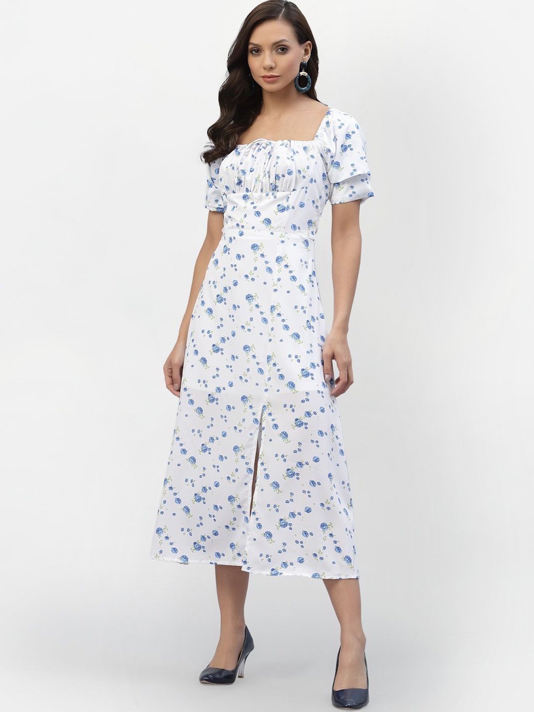 

BAESD Women Floral Print Puff Sleeve Crepe A-Line Midi Dress, White