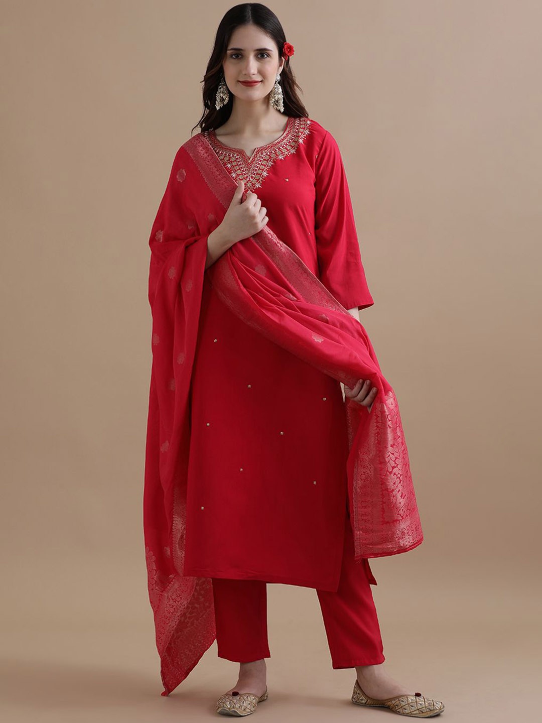 

Jaipur Kurti Women Ethnic Motifs Embroidered Regular Chanderi Cotton Kurta with Trousers & With Dupatta, Red